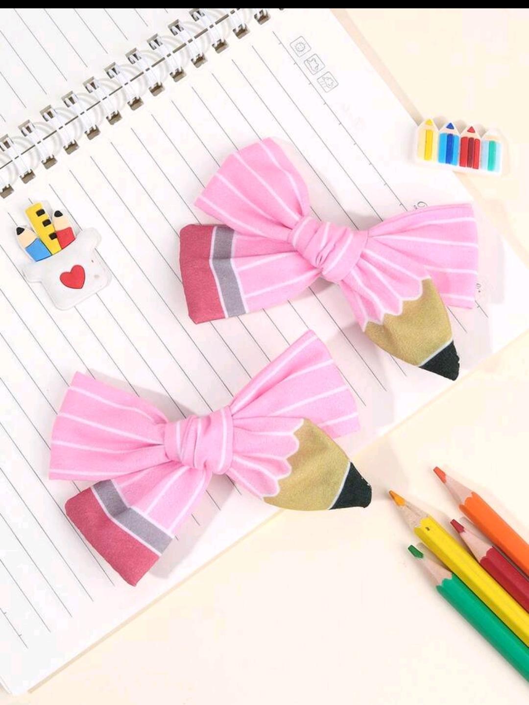 17. Pink Pencil Bow Clips — 2 pcs