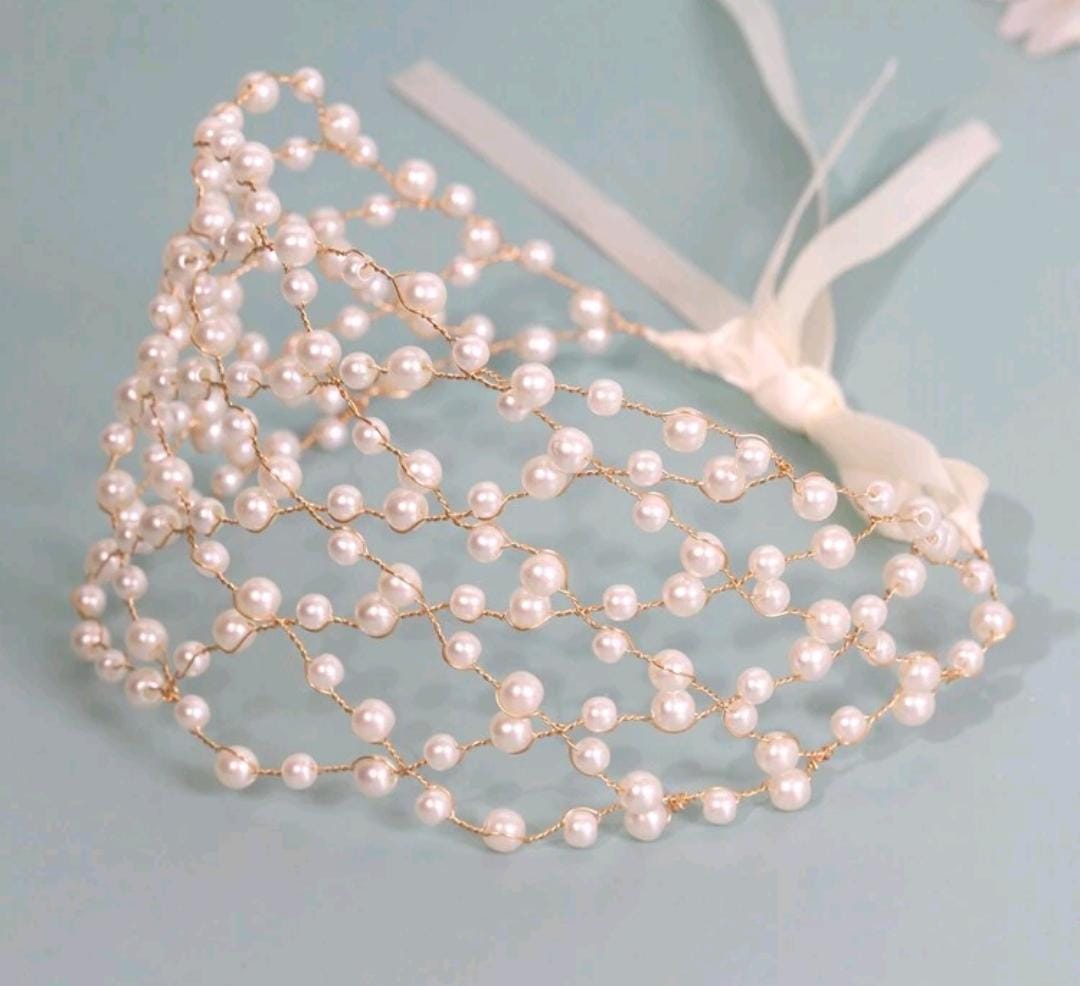 01. Pearl Bridal Headband with Ribbon Tie