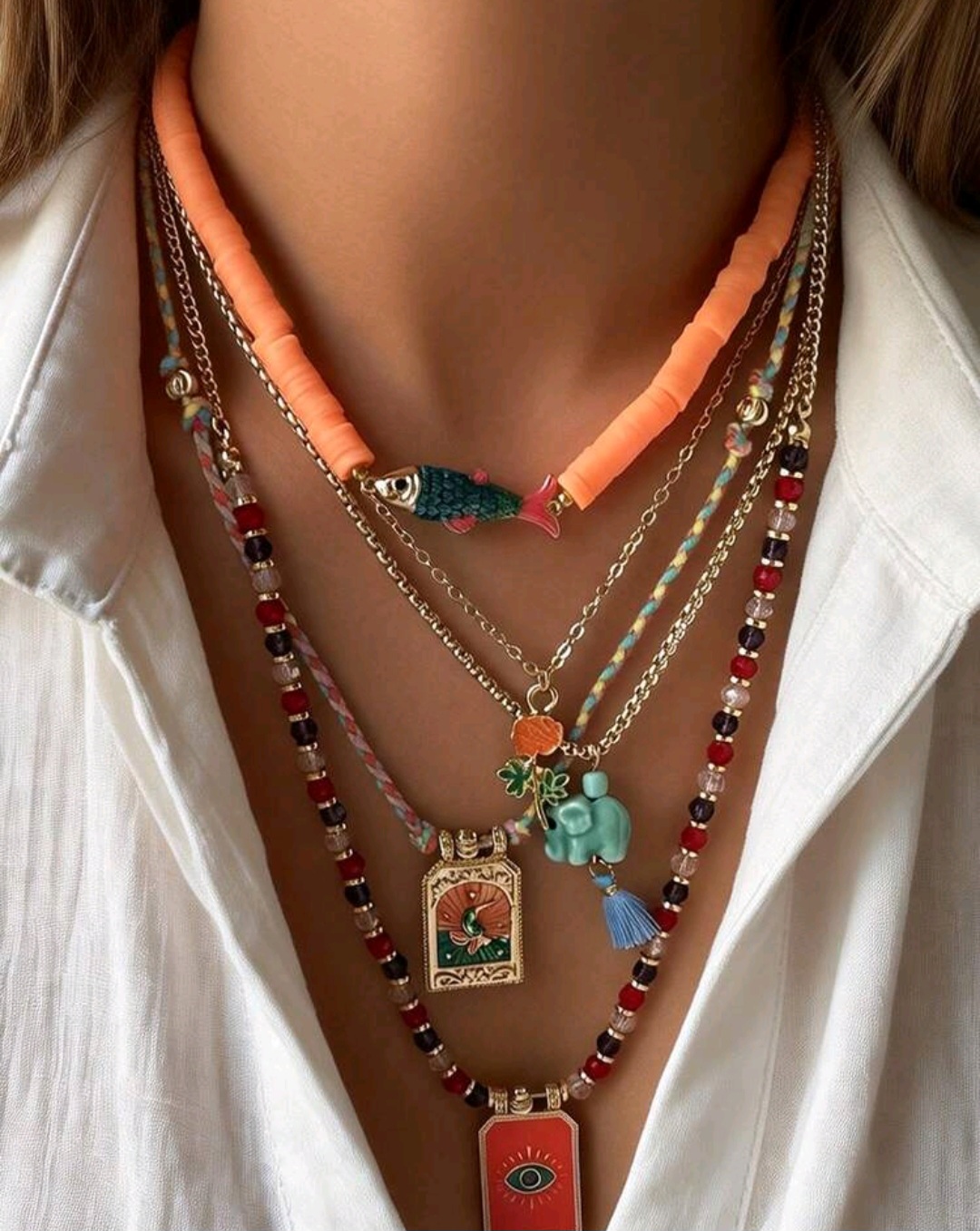 04. Orange Fish Boho Necklace Set