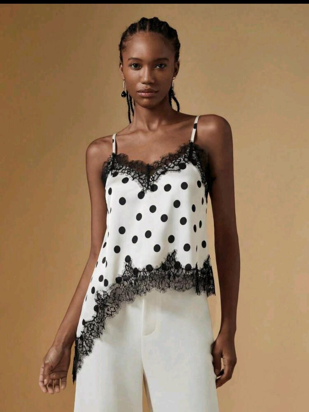 04. Polka Dot Lace-Trim Satin Cami Top