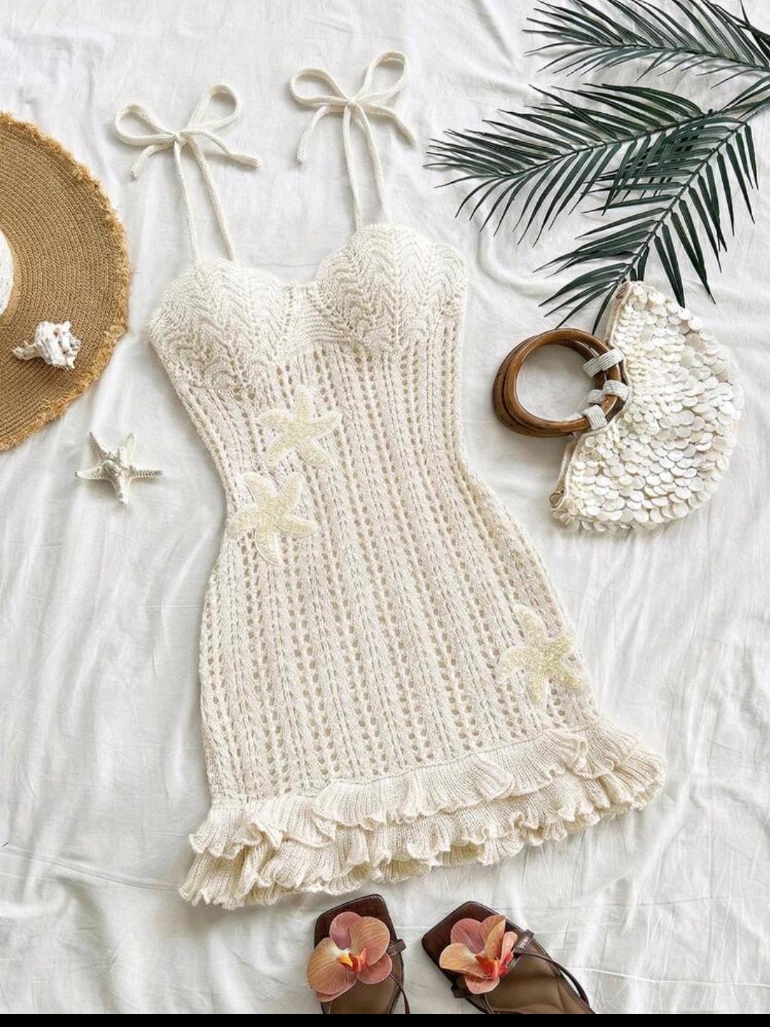 46. Ivory Starfish Crochet Bustier Mini Dress