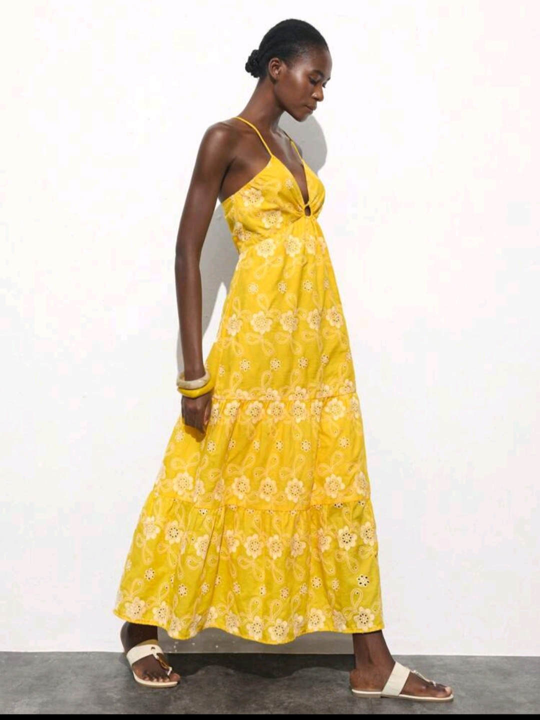 11. Yellow Floral Eyelet Tiered Maxi Sundress