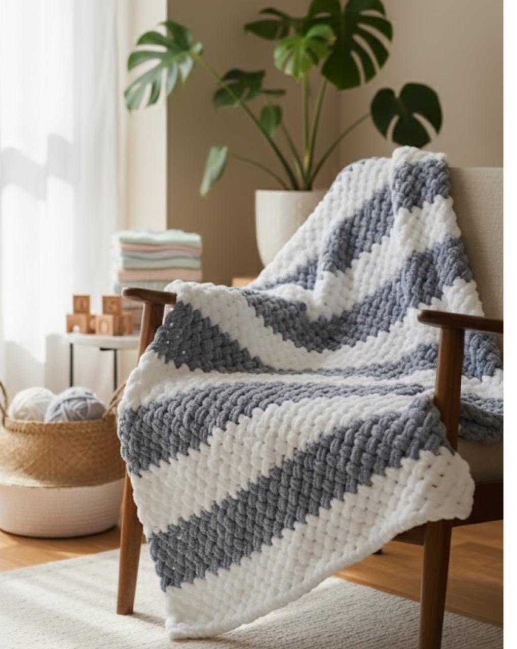 07. Chunky Striped Throw Blanket — Grey & Cream