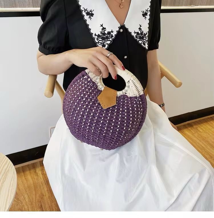 08. Woven Straw Round Handbag — Purple