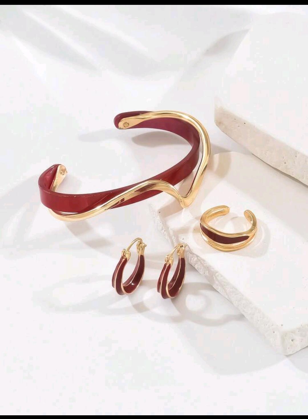 12. Burgundy Enamel & Gold Wave Set (Cuff, Ring, Hoops)