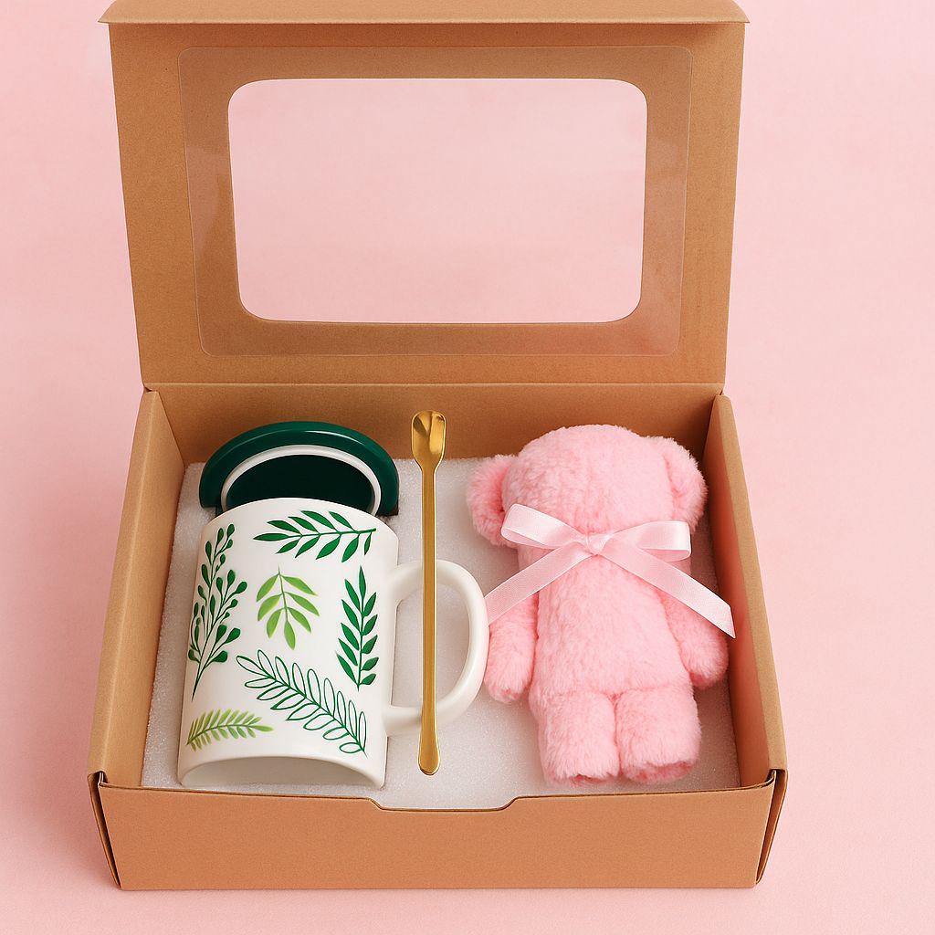 02. Leaf Mug & Pink Teddy Gift Box Set