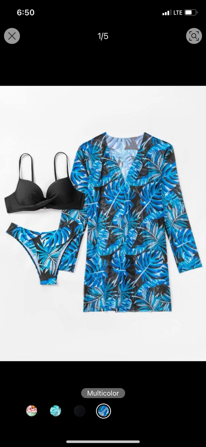 03. Blue Palm Bikini Set + Mesh Cover-Up (3pc)