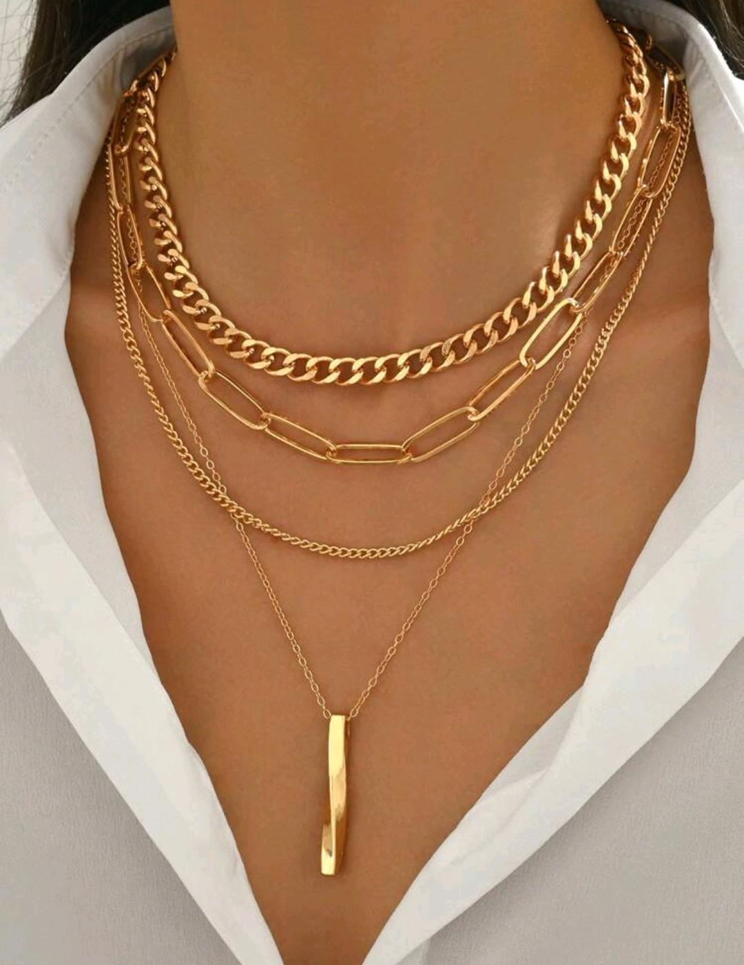 24. Gold 4-Layer Chain & Bar Pendant Necklace