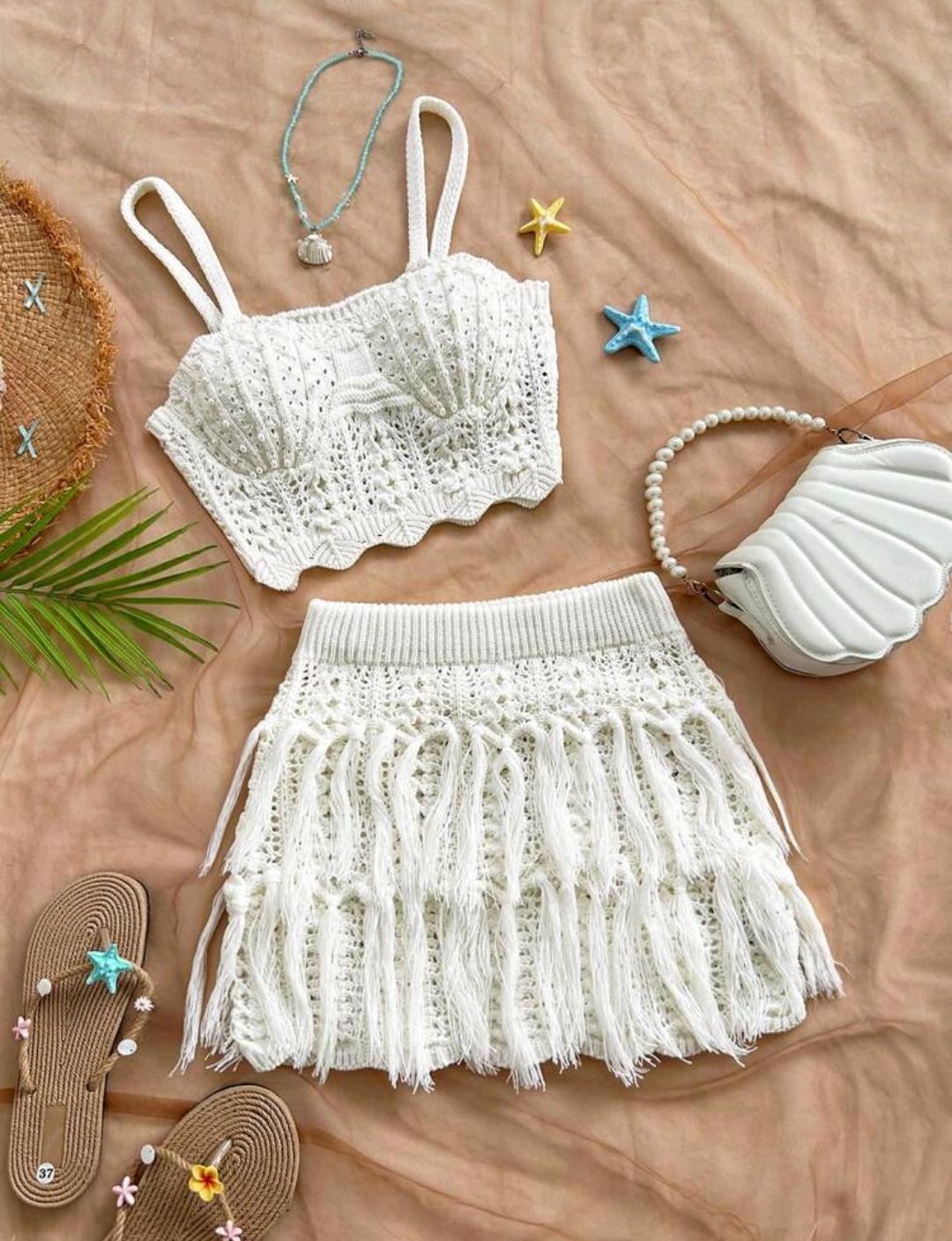 40. White Crochet Crop Top & Fringe Skirt Set