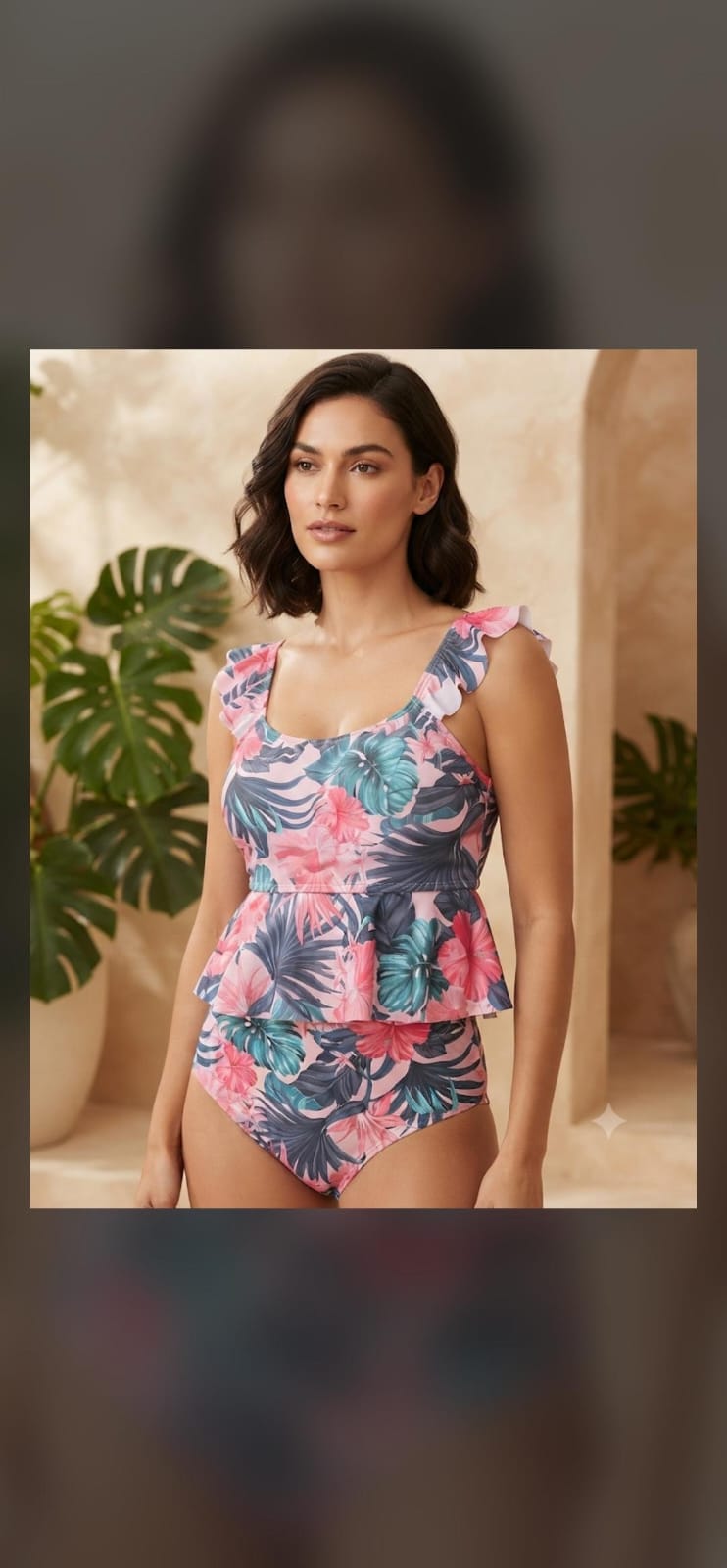 34. Pink Tropical Ruffle Peplum Tankini Set
