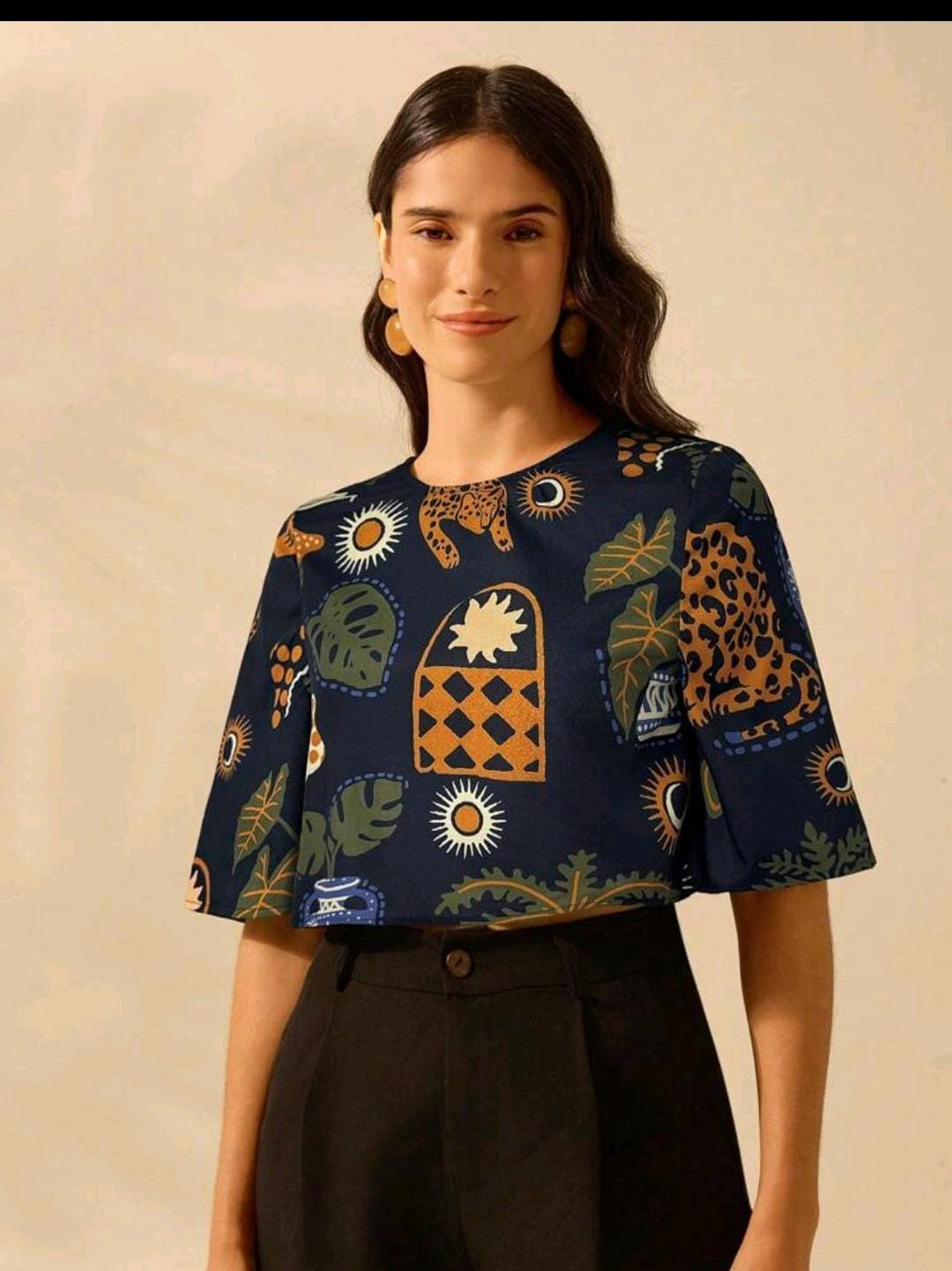 05. Navy Tropical Print Flared-Sleeve Crop Top