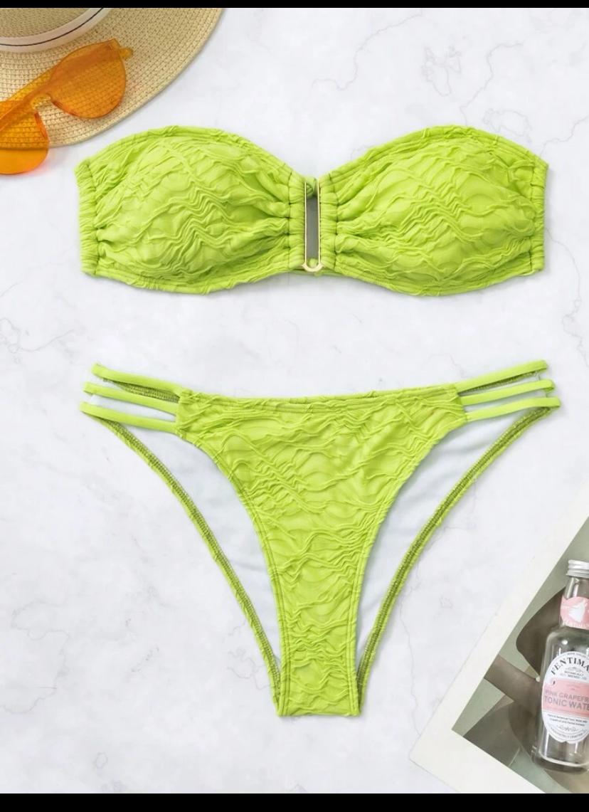 15. Lime Green Textured Bandeau Bikini Set