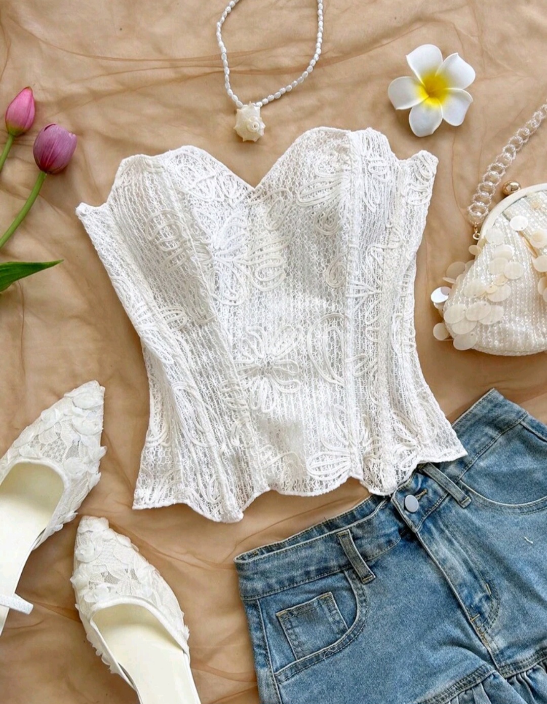 02. Ivory Crochet Lace Bustier Corset Top