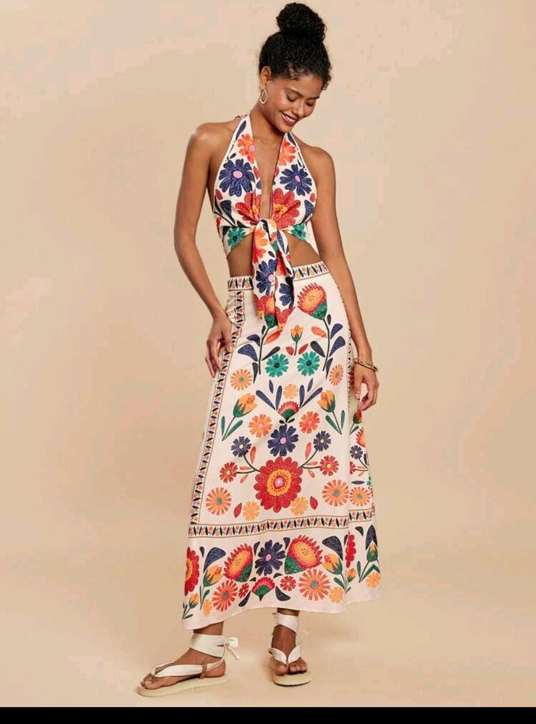 09. Boho Floral Halter Tie & Maxi Skirt Set