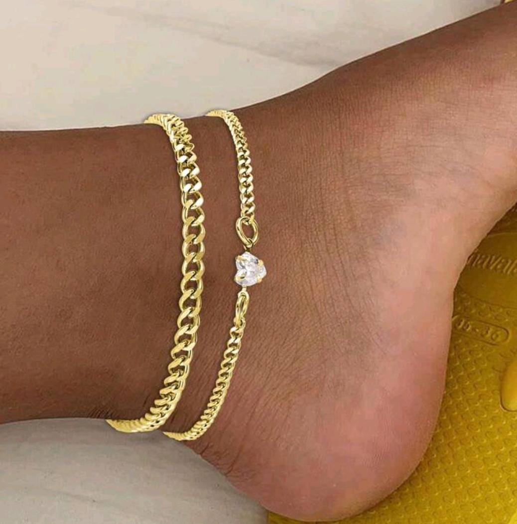 22. Gold Cuban & Heart CZ Anklet Set (2 pcs)