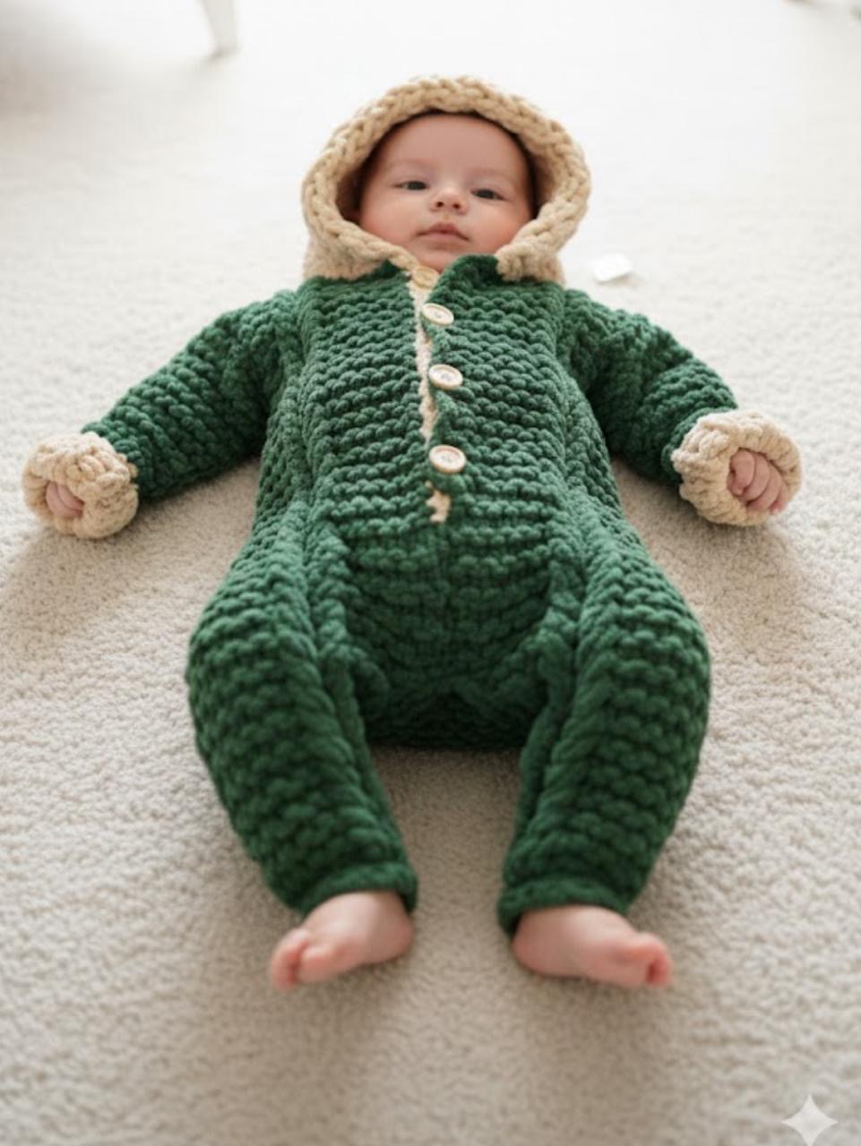 17. Chunky Knit Hooded Baby Romper — Forest Green & Beige