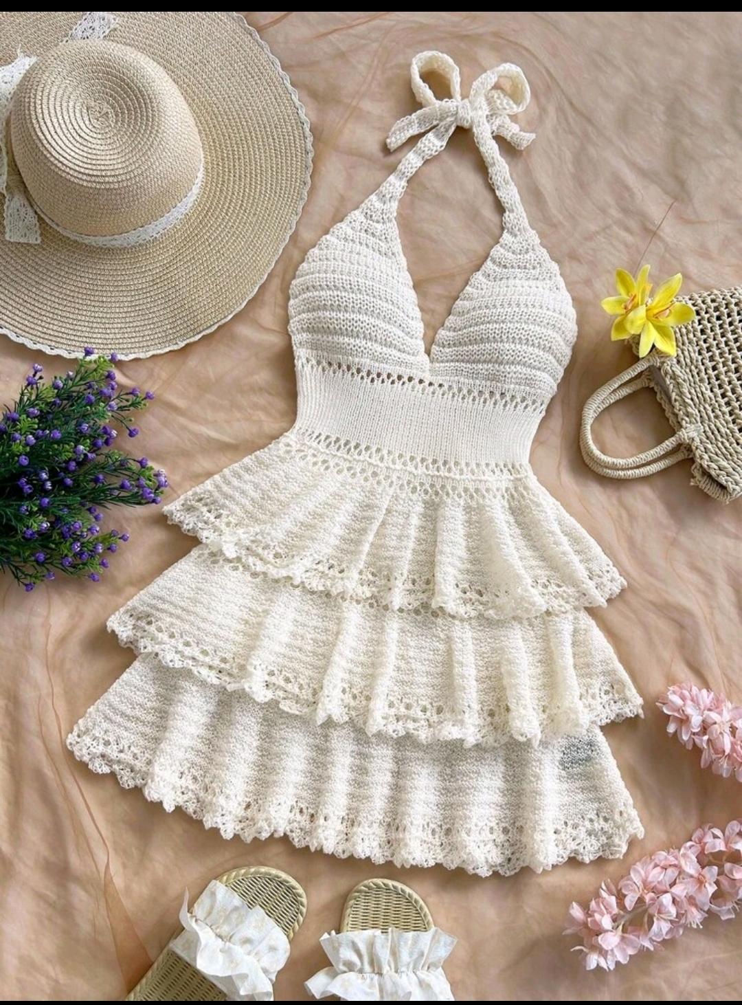 41. Ivory Halter Tiered Ruffle Crochet Mini Dress