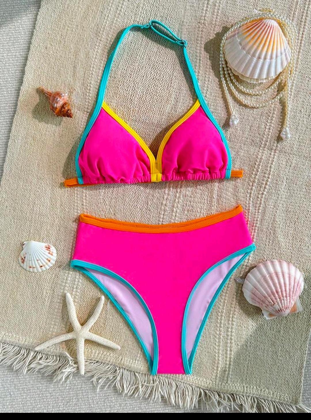 08. Neon Pink Colorblock Halter Bikini