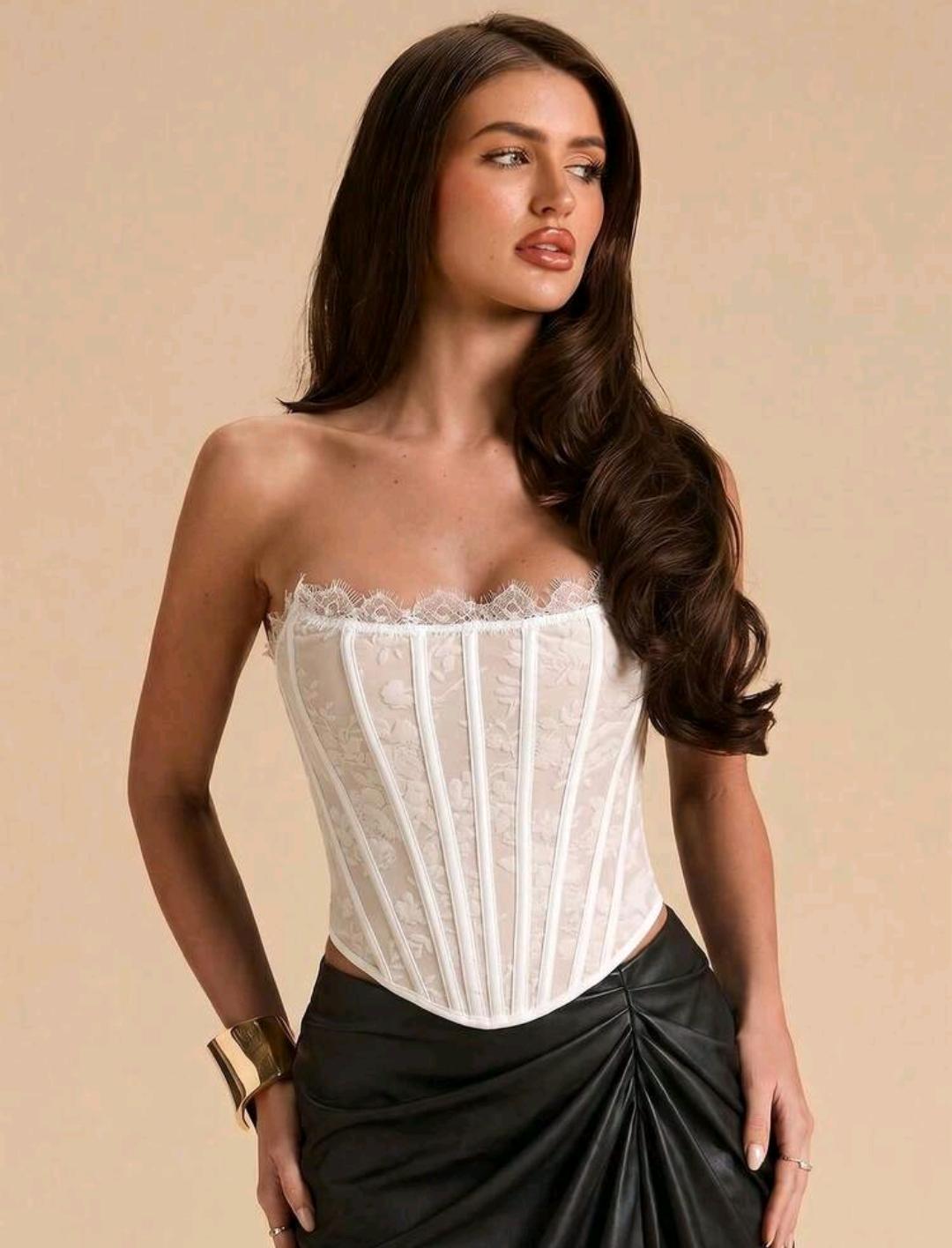 02. White Jacquard Boned Lace-Trim Corset Top