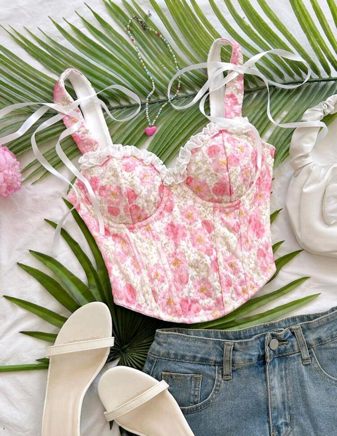 05. Pink Blossom Ruffle-Trim Corset Top