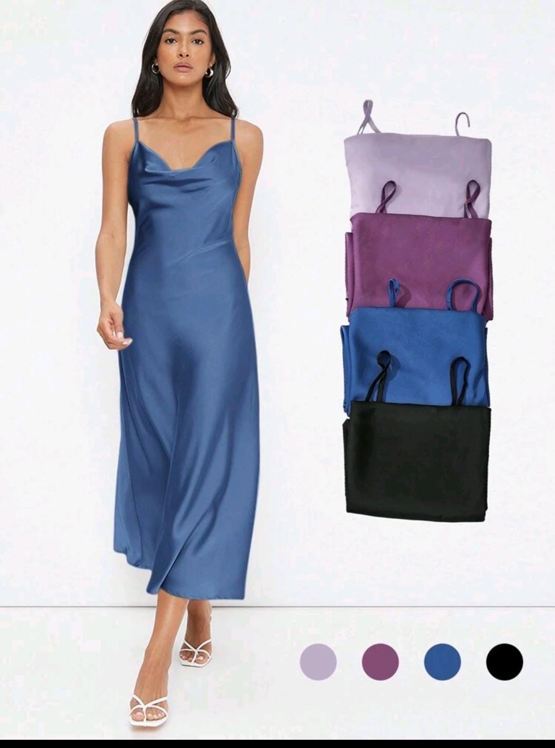 04. Blue Satin Cowl-Neck Slip Midi Dress