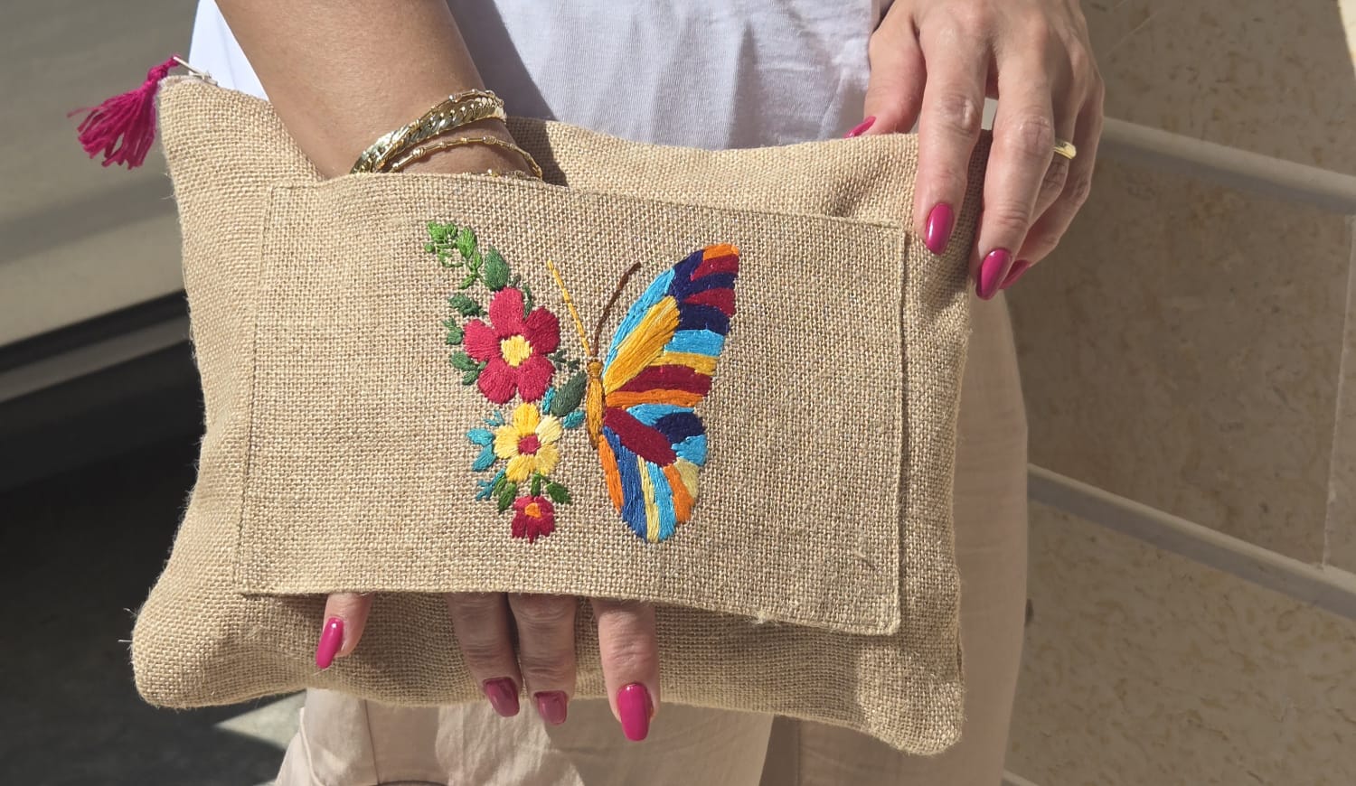 19. Custom Butterfly & Blooms Jute Clutch