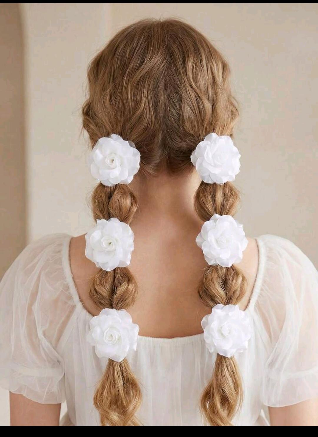 05. White Satin Rose Braid Hair Ties — 6 pcs Set