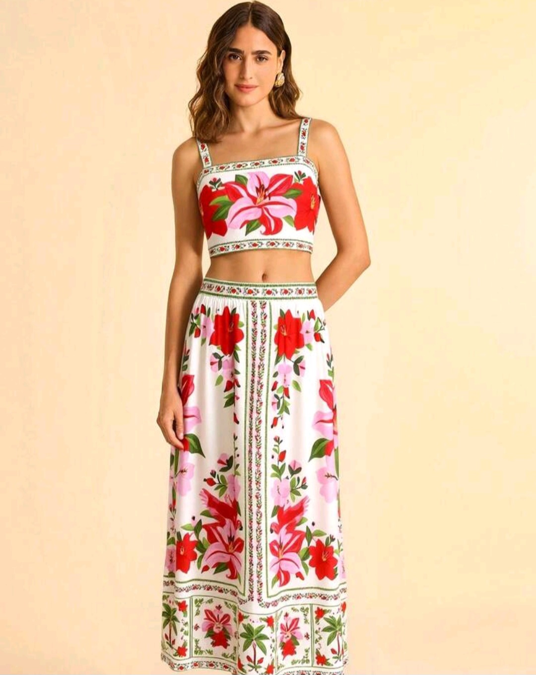 05. Ivory Red Lily Crop Top & Maxi Skirt Set