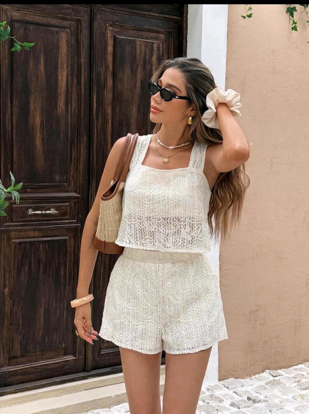 08. Ivory Crochet Lace Tank & Shorts Set