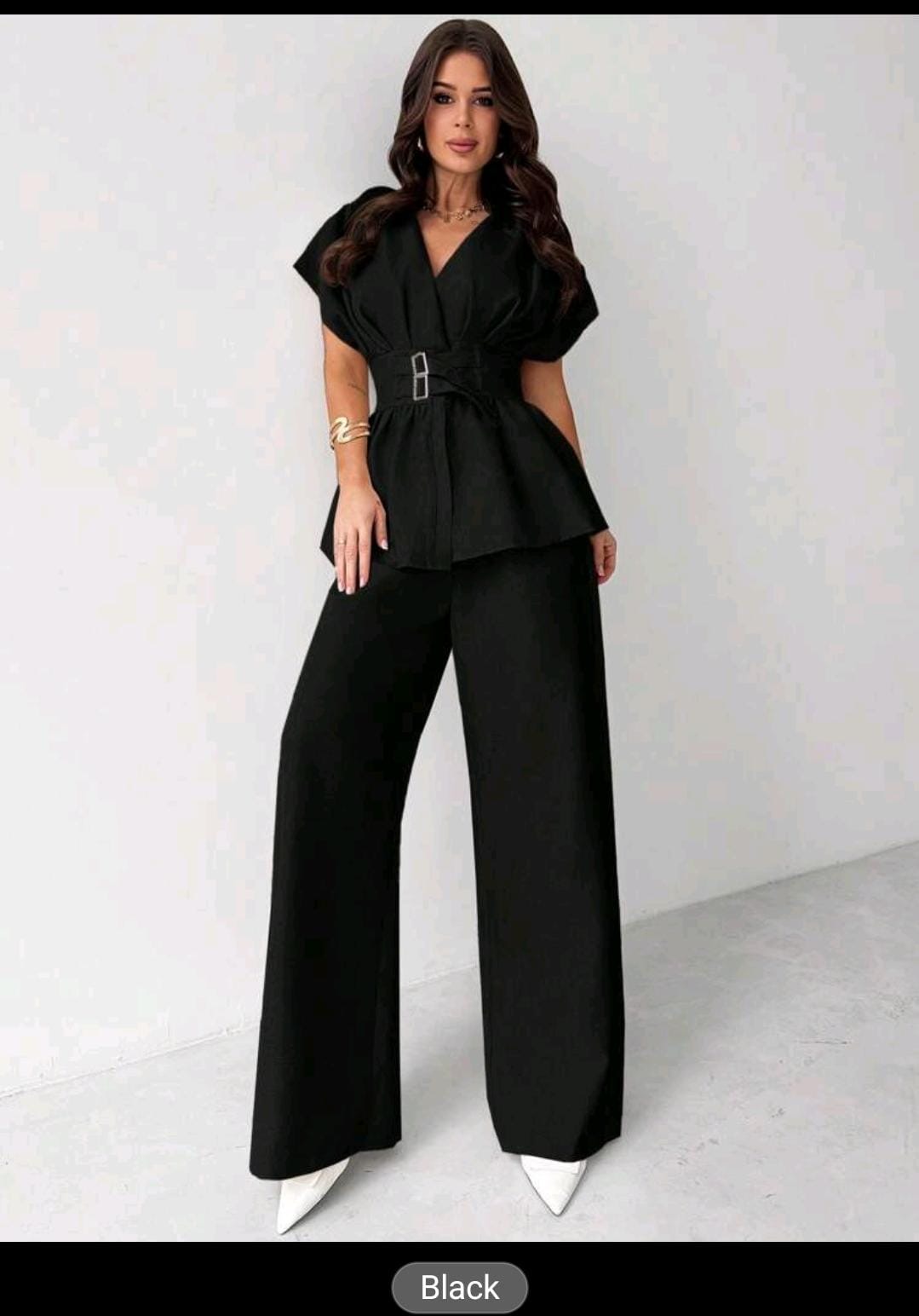 06. Black Belted Peplum Top & Wide-Leg Pants Set