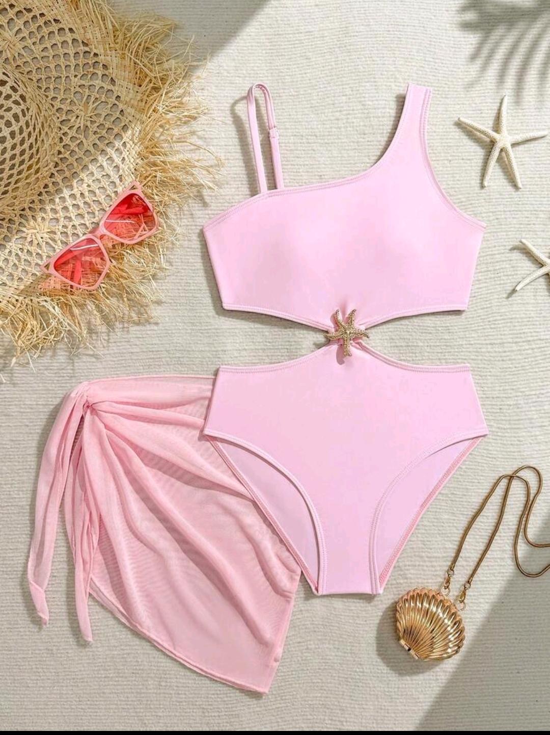 16. Pink Starfish Cutout One-Piece + Sarong