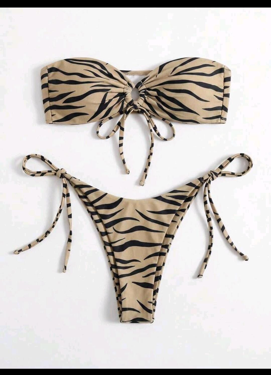 28. Tan Zebra Print Bandeau Tie-Side Bikini Set