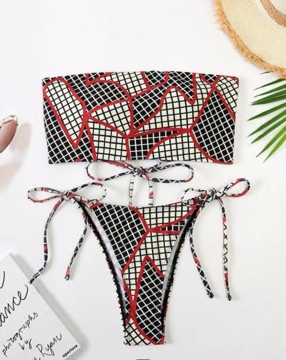 52. Geometric Print Bandeau Tie-Side Bikini Set